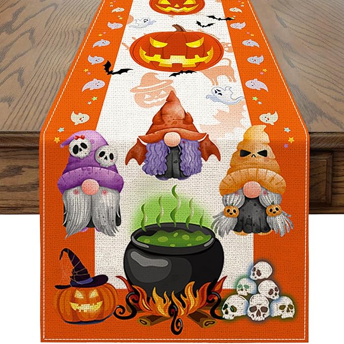 Halloween Table Runner, Halloween Table Runner 108 Inches Long, Halloween Gnomes Pumpkins Runners for Table, Black Cat Trick or Treat Decor Extra Long Burlap Runner Rug for Decorations Dining Room Unibyby