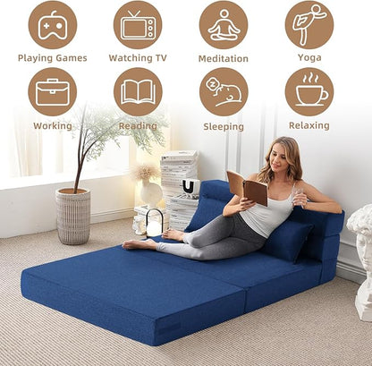 Convertible Folding Sofa Bed-Sleeper Chair with Pillow, Modern Linen Fabric Floor & Futon Couch, Foldable Mattress for Living Room/Dorm/Guest Use/Home Office/Apartment, Queen Size,Navy Blue - LeafyLoom