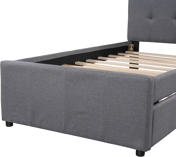 Twin Size Platform Bed, Linen Upholstered Bed Frame with Headboard and Trundle, Wood Slat Support, Gray - LeafyLoom