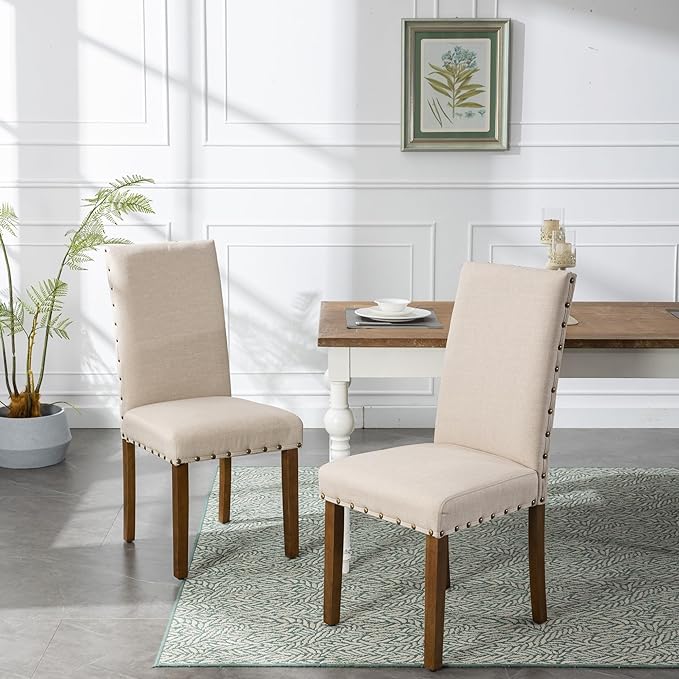 Upholstered Parsons Dining Chair with Nailhead Trim and Sturdy Solid Wood Legs, Set of 6, Cream - LeafyLoom