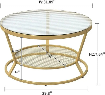 O&K FURNITURE Round Gold Coffee Table, 2-Tier Coffee Table for Living Room, Gold Glass Coffee Table with Ring-Shaped Frames, Center Table for Home&Office, Gold Finish - LeafyLoom