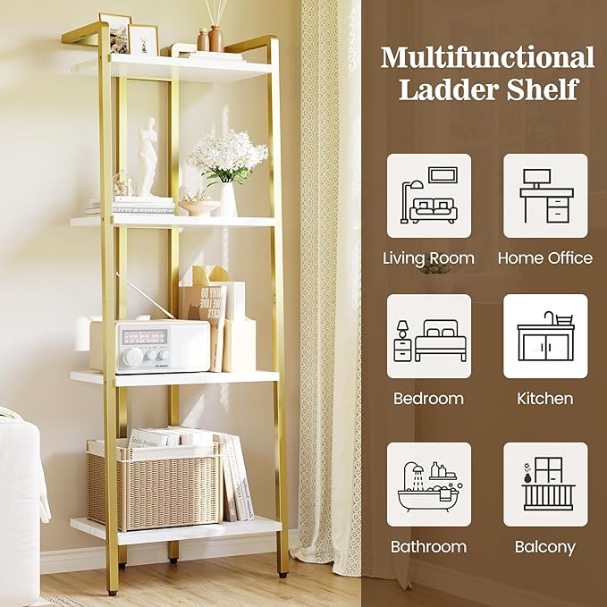 GAOMON 4 Tier Ladder Shelf, Free Standing Gold Book Shelf, Flower Stand Plant Rack, Storage Organizer Unit, Ladder Shelf for Living Room,Home Office,Balcony,Kitchen,Bathroom - LeafyLoom