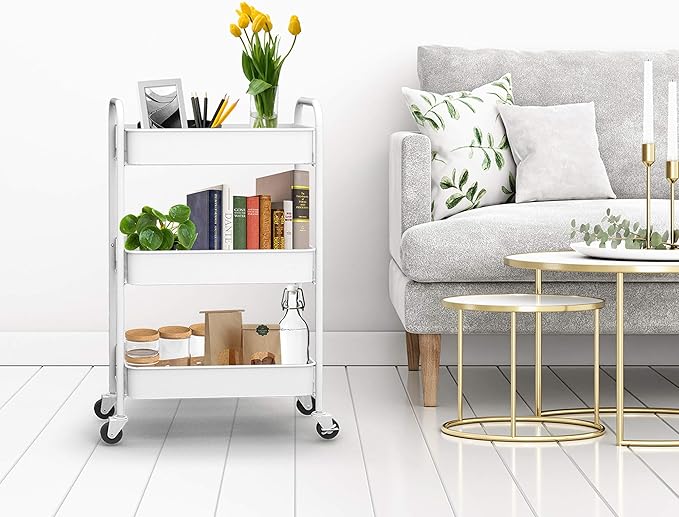 CAXXA 3-Tier Rolling Metal Storage Organizer - Mobile Utility Cart Kitchen Cart with Caster Wheels, White - LeafyLoom