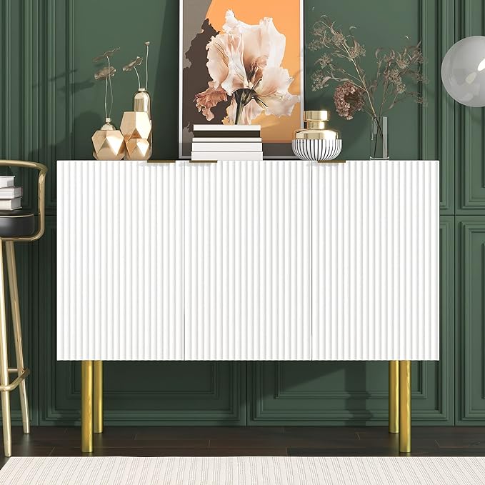 Modern Simple Sideboard with Particle Board & MDF,Luxury Style Buffet Cabinet,W/Gold Metal Legs and Handles,Adjustable Shelves,for Kitchen,Dining Room,White, 47.2" - LeafyLoom