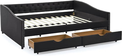 RITSU Queen Size Mid-Century Daybed, 2 Storage Drawers,Linen Button Upholstered Tufted Sofa Bed, Copper Nail on Waved Shape Arms, No Box Spring Needed,for Bedroom, Livingroom, Black, 84.50 - LeafyLoom