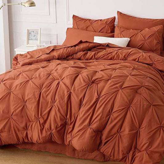 Bedsure Cal King Size Comforter Sets - 7 Pieces Pintuck California Bed Set, Orange in a Bag with Comforter, Sheets, Pillowcases & Shams - LeafyLoom