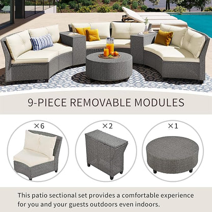 Outdoor 9 Pieces Patio Furniture Half Moon Wicker Sofa Sets, Fan-Shaped Curved Sectional Couch with Coffee Table&Beige Cushions, 1, Gray Rattan - LeafyLoom