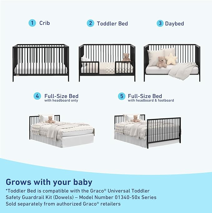 Graco Teddi 5-in-1 Convertible Crib (Black) – GREENGUARD Gold Certified, Converts to Daybed, Toddler & Twin Bed with Headboard and Footboard, Adjustable Mattress Height - LeafyLoom