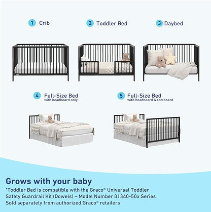 Graco Teddi 5-in-1 Convertible Crib (Black) – GREENGUARD Gold Certified, Converts to Daybed, Toddler & Twin Bed with Headboard and Footboard, Adjustable Mattress Height - LeafyLoom