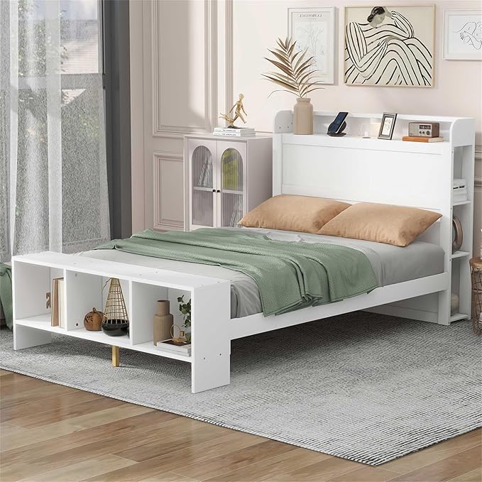 Merax Twin Size Platform Bed with Storage,Led Light and USB Ports,Kids Twin Bed Frame with Built-in Shelves and Cabinet,Kids Storage Bed Frames - LeafyLoom