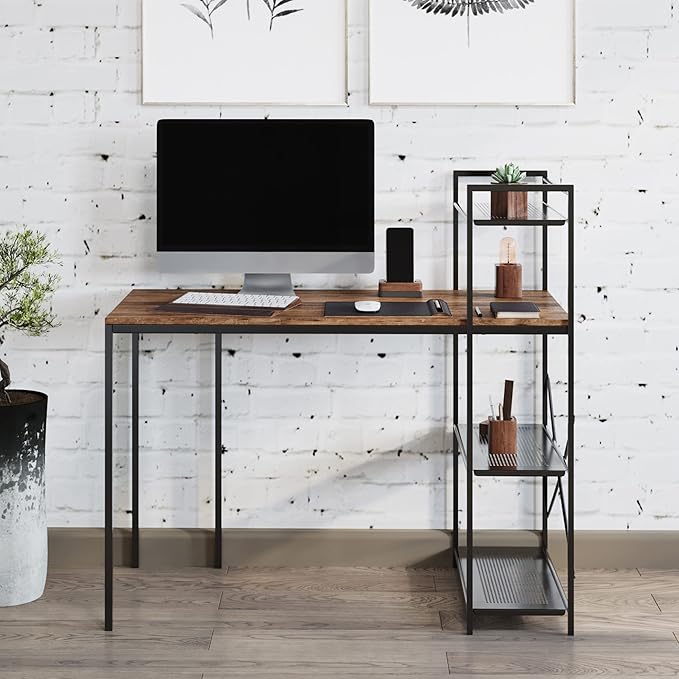 Lavish Home 80 BLT-SHF All-in-One Computer Desk with Shelves for Home Office, Bedroom, or Craft Table, Rustic Brown & Black - LeafyLoom