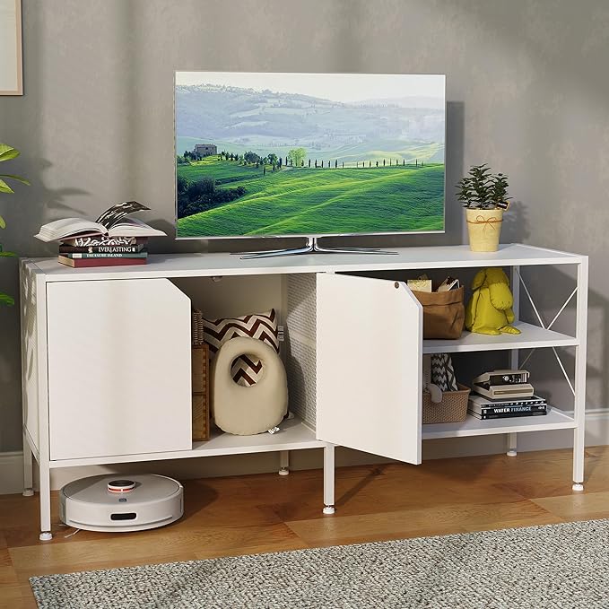 White TV Stand with Storage - Television Stands for Living Room, 50 Inch TV Table for 32 40 55 65 Inch TV, TV Consle for Bedroom, White - LeafyLoom