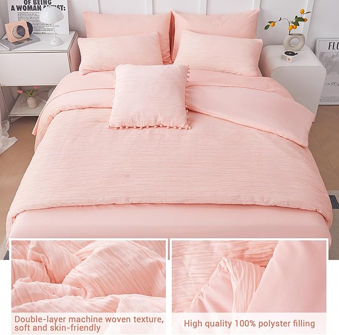 8 Piece Woven Texture Pink Comforter Set Queen, Bed in a Bag Bedding Sets Queen with Comforter and Sheets, Soft Lightweight Comforter Set with Deocor Throw Pillow, Pink - LeafyLoom