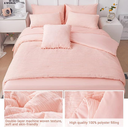 8 Piece Woven Texture Pink King Size Comforter Set, Bed in A Bag Bedding King with Comforter and Sheets, Soft Lightweight Comforter Set with Deocor Throw Pillow, Pink - LeafyLoom