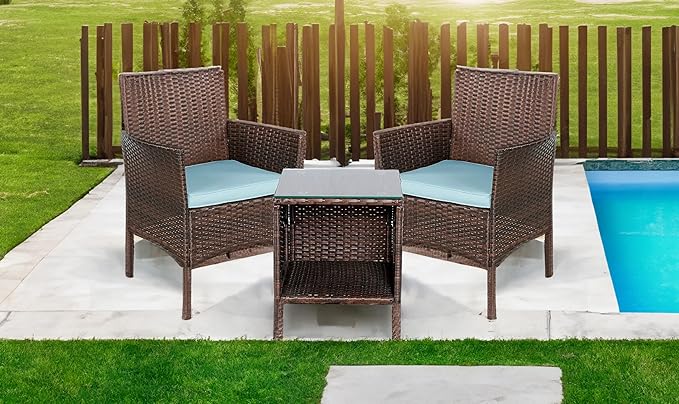 BTEXPERT Space Saving Outdoor Wicker Conversation 3 Piece Bistro Set Garden Patio Yard Porch Furniture Pe Rattan Two Chairs Cushions Side Storage Table Brown/Aqua Blue, OneSize - LeafyLoom