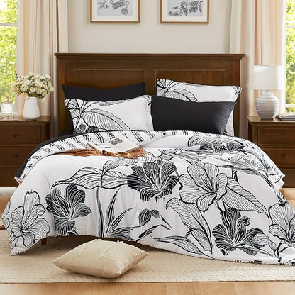 WRENSONGE Full Size Comforter Sets, 7 Pieces Black and White Floral Comforter Set with Sheets for Full Size Bed, Flower Pattern Bedding Sets Full, Soft Breathable Bed in a Bag for All Seasons - LeafyLoom