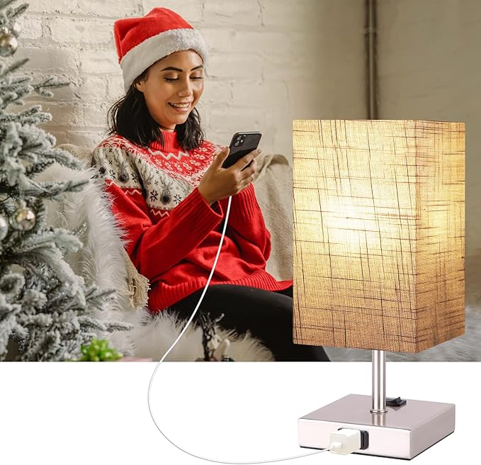 Dott Arts Small Table Lamp for Bedroom Set of 2,2700K 4000k 5000K Nightstand Lamps with AC Outlets，Minimalist Bedside Lamp with Square Shade,Night Light Lamp for Living Room Kids Room Office(Nickle) - LeafyLoom