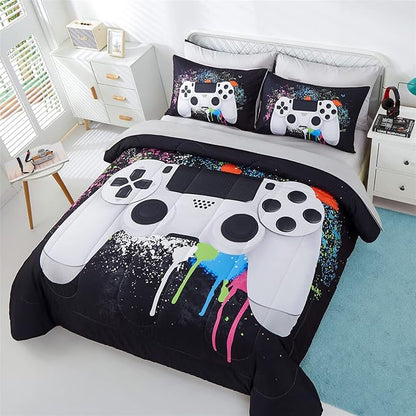 KAKKI 5 Piece Boys Queen Gamer Comforter Set with Sheets, 3D Colorful Video Game Controller Comforter for Kids Teen, All Season Soft Microfiber Gaming Bedding Set(White,Queen) - LeafyLoom