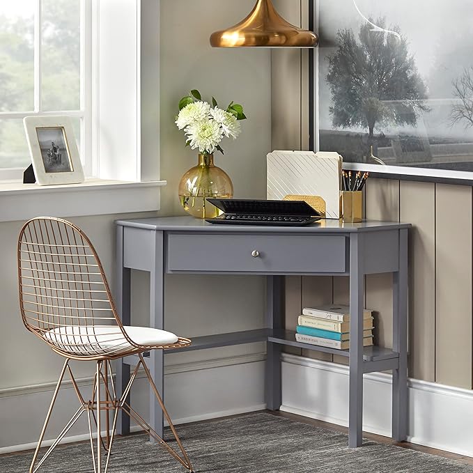 Target Marketing Systems Ellen Corner Desk Drawer and One Storage Shelf for Living Room, Bedroom, or Home Office, Small Computer Table, 42" W x 30" H, Gray - LeafyLoom