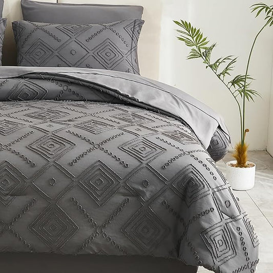 EMME Twin Comforter Set - 5 Pcs Dark Grey Boho Bedding Sets, Twin Size Tufted Comforter with Sheets, Shabby Chic Embroidery Bed Set Fluffy Bed Bag for All Season(68"X90") - LeafyLoom