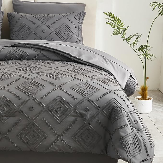 EMME King Comforter Set - 7 Pcs Dark Grey Boho Bedding Sets, King Size Tufted Comforter with Sheets, Shabby Chic Embroidery Bed Set Fluffy Bed Bag for All Season(102"X90") - LeafyLoom