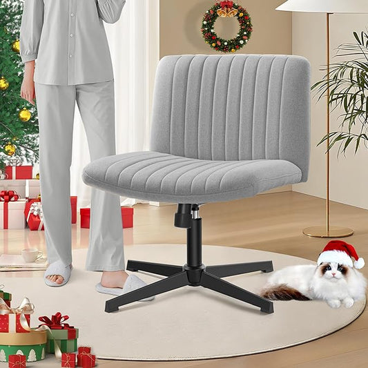 Armless Office Chair no Wheels, Ergonomic Wide Seat Swivel Desk Chair, Height Adjustable Cross Legged Comfortable Computer Chair for Living Room, Vanity Accent Chair LightGray - LeafyLoom