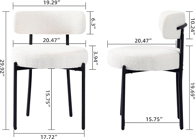 White Dining Chairs Set of 4 Round Upholstered Boucle Dining Room Chairs Mid-Century Modern Kitchen Chairs Curved Backrest Chairs for Dining Room Black Metal Legs - LeafyLoom