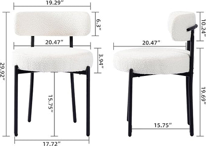 White Dining Chairs Set of 4 Round Upholstered Boucle Dining Room Chairs Mid-Century Modern Kitchen Chairs Curved Backrest Chairs for Dining Room Black Metal Legs - LeafyLoom