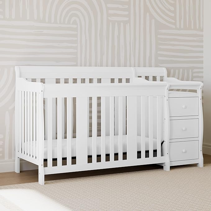 Storkcraft Portofino 5-in-1 Convertible Crib and Changer (White) – Changing-Table Combo with Drawer, Converts to Toddler Bed, Daybed Full-Size Storage Drawer - LeafyLoom