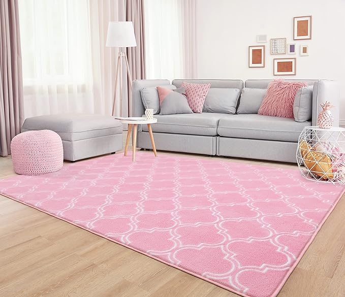 Chicrug Shag Geometric Modern Area Rug for Bedroom, 6x9 Feet Memory Foam Indoor Carpet, Fluffy Rug for Living Room Bedside Room Decor for Family Girls Kids Nursery Play Mat, Pink/White - LeafyLoom