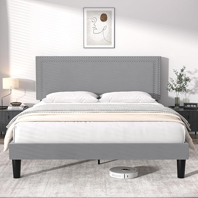 VECELO Full Size Platform Bed Frame with Adjustable Upholstered Headboard, Modern Mattress Foundation,Strong Wood Slat Support, No Box Spring Needed, Easy Assembly - LeafyLoom