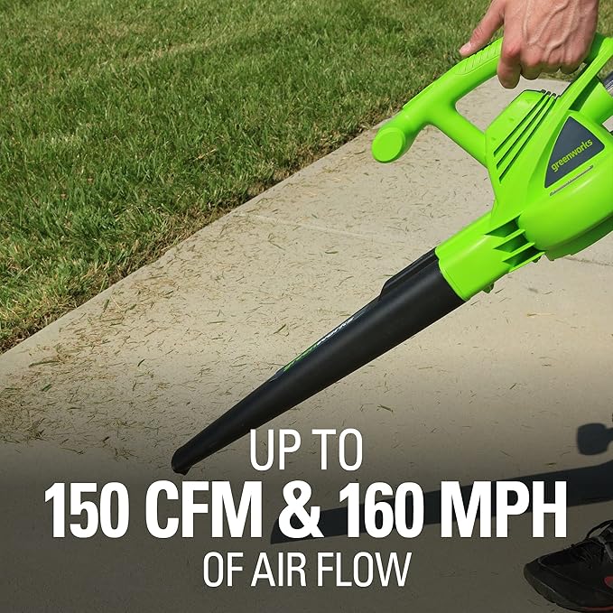 Greenworks 7 Amp 160 MPH/150 CFM Single Speed Electric Blower, 24012, green - LeafyLoom