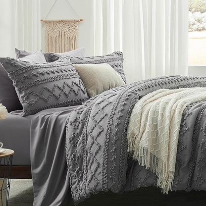 Anluoer Full Comforter Set 7 Pieces, Grey Tufted Bed in a Bag with comforters and sheets, All Season Bedding Sets with 1 Comforter, 2 PillowShams, 2 Pillowcases, 1 Flat Sheet, 1 Fitted Sheet - LeafyLoom