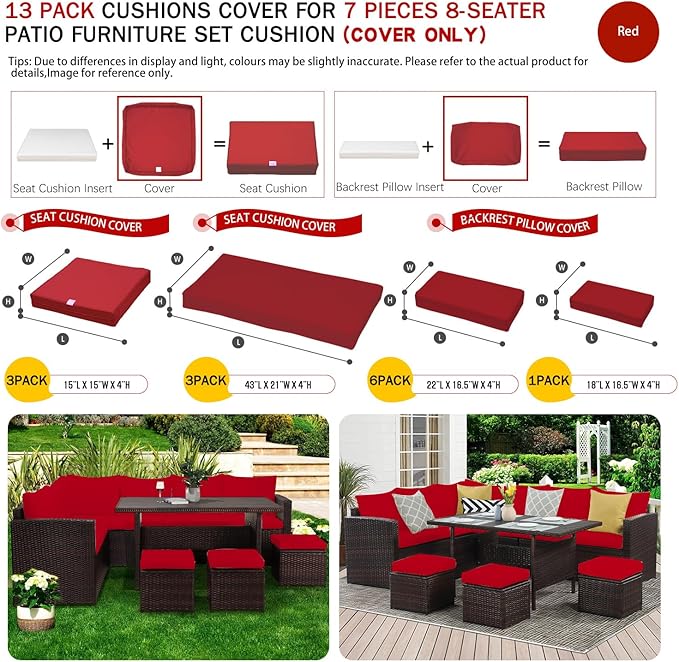 ClawsCover 13Pack Outdoor Seat and Back Cushions Replacement Covers Fit for 7Pieces Wicker Rattan Patio Furniture Set Sectional Couch with Dining Table and Ottoman,Red-Include Cover Only - LeafyLoom