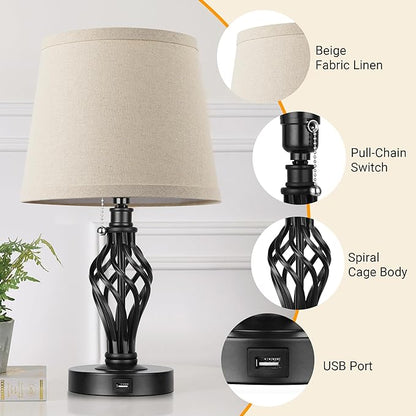 PARTPHONER Table Lamps Set of 2, Farmhouse Bedside Lamps with USB Ports, Nightstand Lamp Cream Drum Shade Spiral Cage Base Desk Lamps for Living Room Bedroom Study Room without Bulb - LeafyLoom