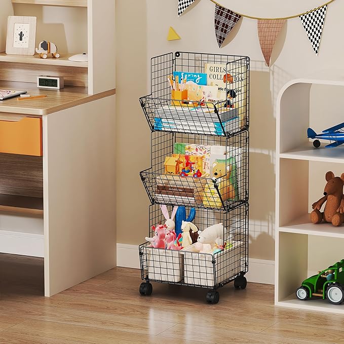 3 Tier Metal Wire Baskets - Toy Organizer Basket Shelf with Wheel, S-Hooks, Rolling Cart Hanging Storage Baskets for Child Room, Playroom, Bedroom, Kitchen (Black) - LeafyLoom