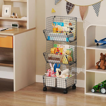 3 Tier Metal Wire Baskets - Toy Organizer Basket Shelf with Wheel, S-Hooks, Rolling Cart Hanging Storage Baskets for Child Room, Playroom, Bedroom, Kitchen (Black) - LeafyLoom