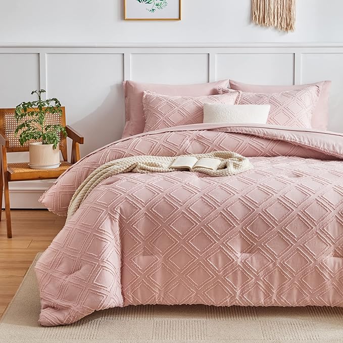 6 Pieces Tufted Bed in a Bag Twin Comforter Set with Sheets Blush, Soft and Embroidery Shabby Chic Boho Bohemian, Luxury Solid Color with Diamond Pattern, Jacquard Tufts Bedding Set for Kids Girls - LeafyLoom