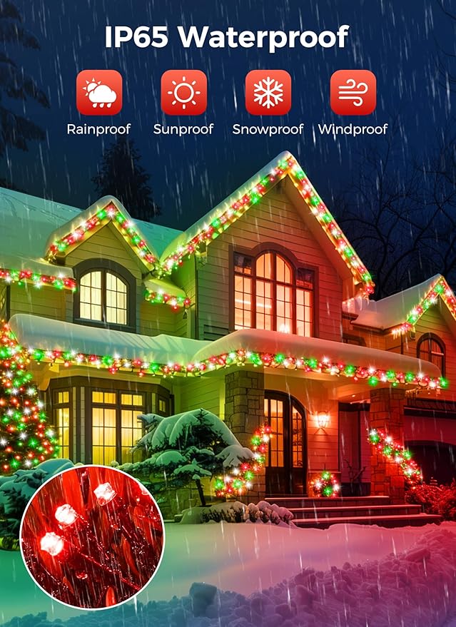 Minetom Solar Christmas Lights Outdoor Waterproof, 40FT 100 LED Solar Lights with 8 Modes, Solar Christmas Outdoor Decoration, Solar String Lights for Outside House Tree Party Yard, Red Green & White Minetom