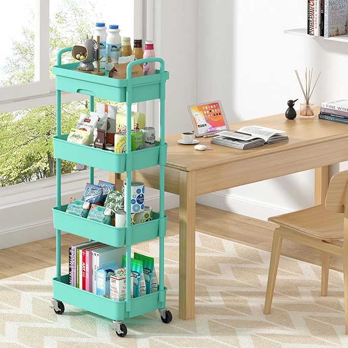 4-Tier Rolling Cart，Trolley with Drawer, Kitchen Storage Organizer with Plastic Shelf & Metal Wheels, Storage Cart for Living Room, Kitchen, Office, Bathroom, Green - LeafyLoom