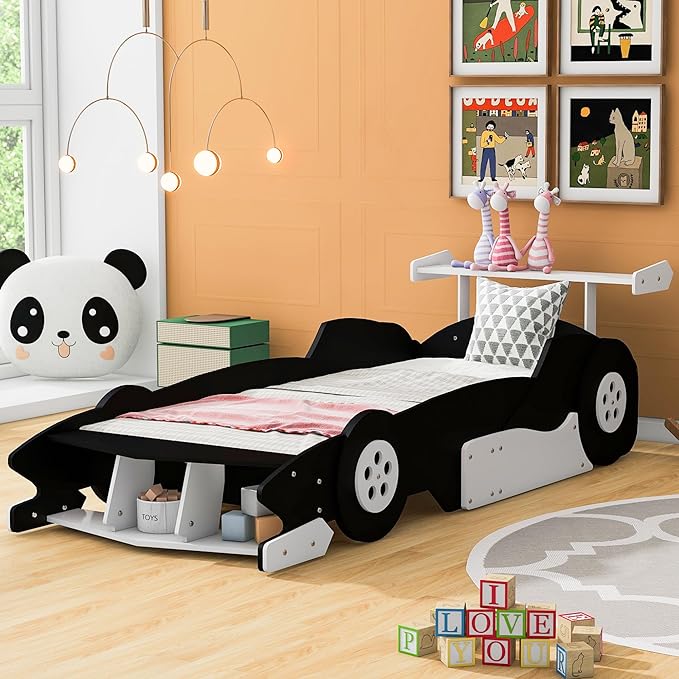 Twin Size Racecar Bed for Big Boys,Wood Platform Bedframe with Wheels & Safety Guardrail,Slats Support,Easy Assembly,Toddlers Kids Car Floor Beds for Fun Children's Bedroom,Black - LeafyLoom