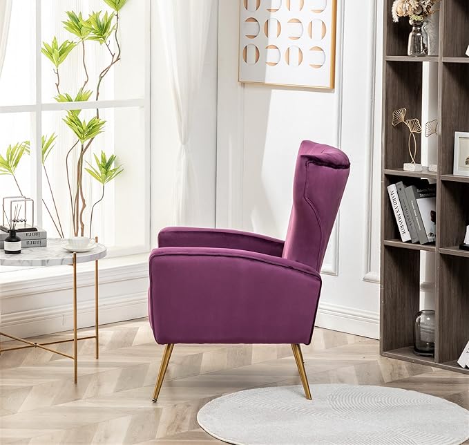 Armchair Modern Velvet Accent Chair, Channel Tufted Bedroom, Office or Living Room Furniture with Elegant Metal Legs, Purple - LeafyLoom