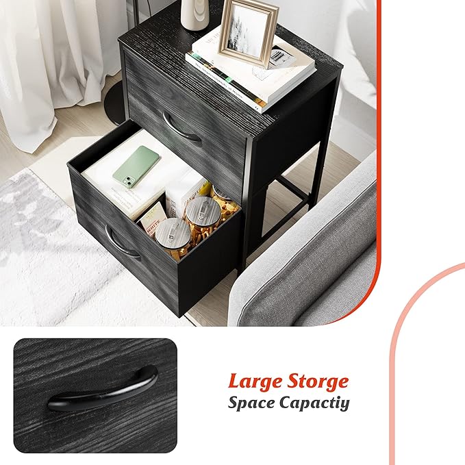 Nicehill Nightstand Set of 2, Nightstand for Bedroom with Drawers, Small Dresser with Drawers, Bedside Table Bedside Furniture, Night Stand End Table with Storage Drawers for Bedroom, Black Wood Grain - LeafyLoom