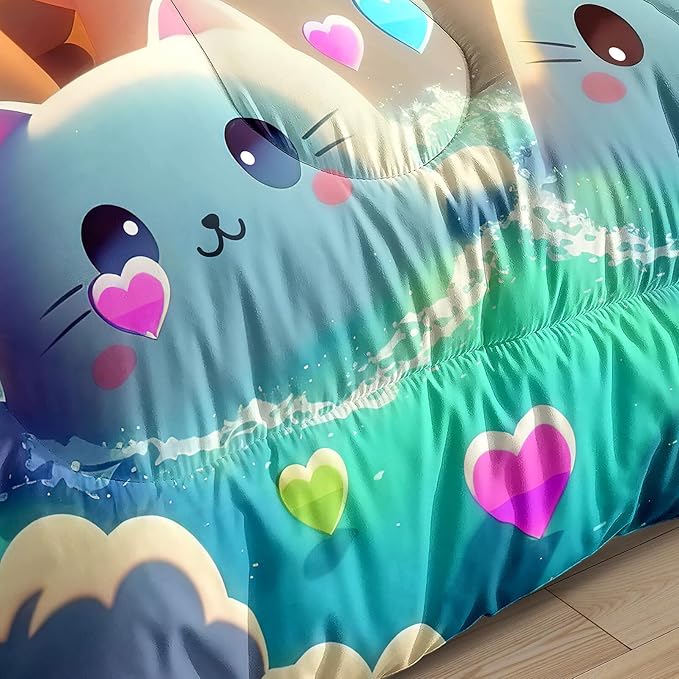 Cat Comforter Set - Cartoon Cat Twin Bedding Set for Girls Cute Cat Rainbow Printed Kids Bedding Set for Girls Kids Teens All Season Kawaii Cat Twin Quilt Set, 1 Comforter+1 Pillowcase - LeafyLoom