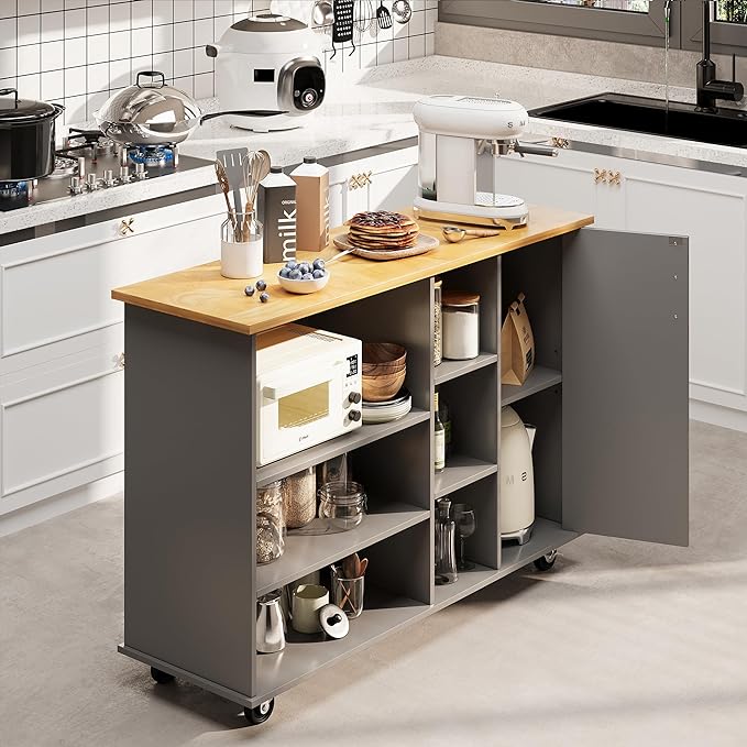 Shintenchi 47”W Kitchen Storage Island Cart with 6 Open Shelves and 1 Cabinet, Portable Trolley Cart with Wood Work Top and Handle/Towel Rack, Gray - LeafyLoom