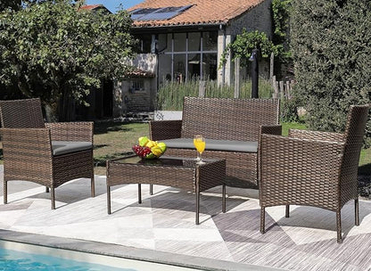 Greesum Patio Furniture 4 Pieces Conversation Sets Outdoor Wicker Rattan Chairs Garden Backyard Balcony Porch Poolside loveseat with Soft Cushion and Glass Table, Brown and Gray - LeafyLoom