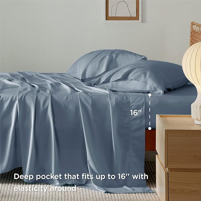 Bedsure Full Size Sheets, Cooling Sheets Full, Rayon Derived from Bamboo, Deep Pocket Up to 16", Breathable & Soft Bed Sheets, Hotel Luxury Silky Bedding Sheets & Pillowcases, Mineral Blue - LeafyLoom