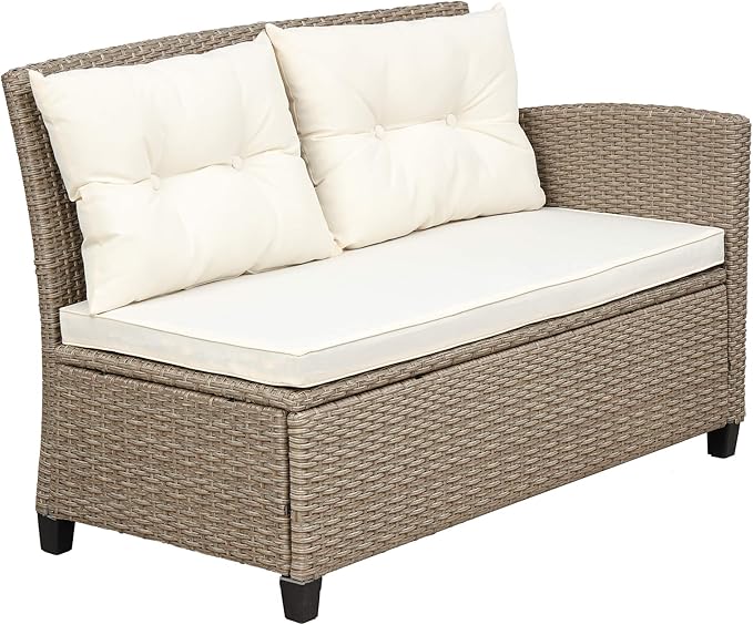 4 Piece Outdoor Patio Furniture Sets Wicker Rattan Conversation Sofa with Glass Table, Chaise Lounge and Chair for Garden Backyard, Onesize, Beige - LeafyLoom