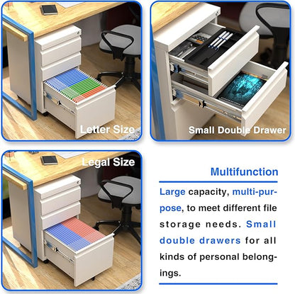 Mobile File Cabinet Under Desk, 3 Drawers Metal File Cabinet with Wheels, Rolling Filing Cabinets with Lock for Home Office Letter/Legal/A4 - LeafyLoom