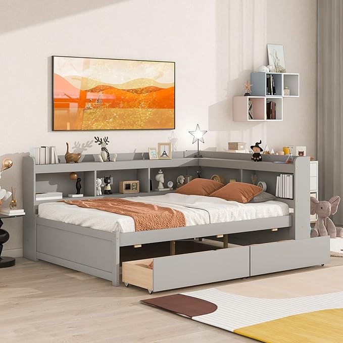 Full Size Platform Bed with L-Shaped Bookcase and 2 Storage Drawers, Wood Daybed frames with Headboard, Gray - LeafyLoom